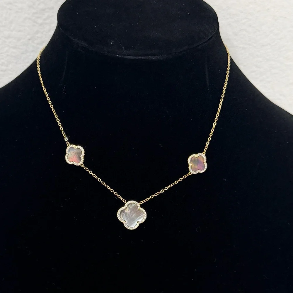 Stella Rose London Black Mother of Pearl Clover Necklace Gold Plated Crystal Pav